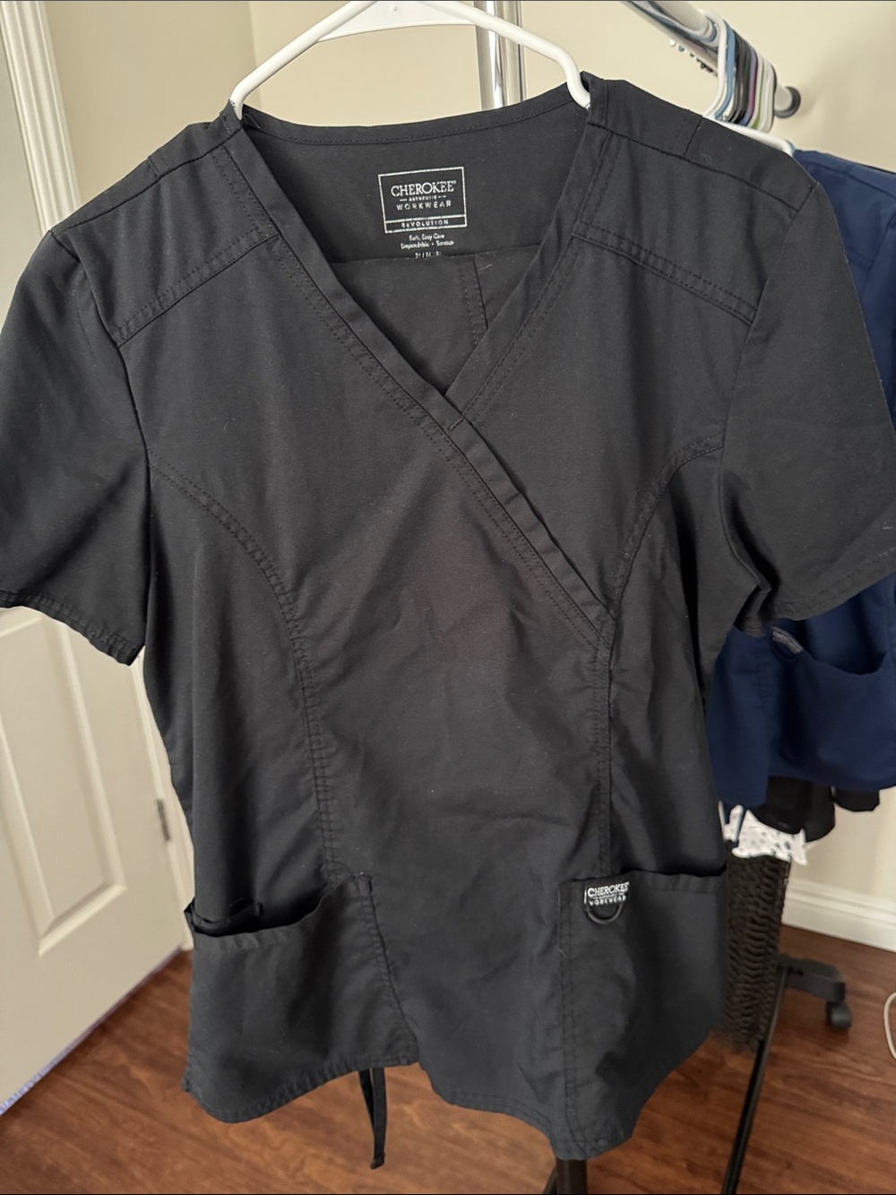 Cherokee Black Mock Wrap Short Sleeve Scrub Top and Bottom